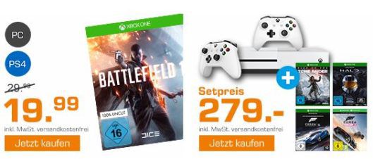 Saturn Weekend Sale: u.a.  Xbox One S 500 GB + 2. Controller inkl. 7 Spiele für 279€   Battlefield 1 [PC, XBox one, PS4] für 19,99€