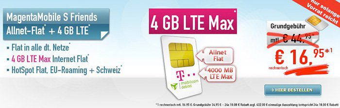 TOP! Telekom Magenta Mobile S Friends mit 4GB LTE nur 16,95€ mtl.