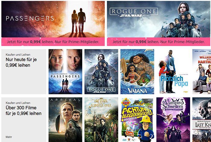Amazon: Über 300 HD Filme für je 0,99€ leihen (nur Primer)   z.B. Star Wars Rogue One