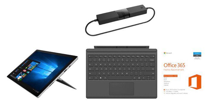 Surface Pro 4 mit m3/4GB/128GB + Type Cover Tastatur + Display Adapter + Office 365 für 703,99€ (statt 876€)