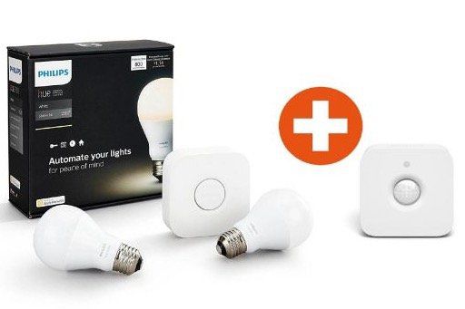 Philips Hue White Starter Set mit zwei E27 Lampen inkl. Bridge + Bewegungssensor für 79€ (statt 111€)