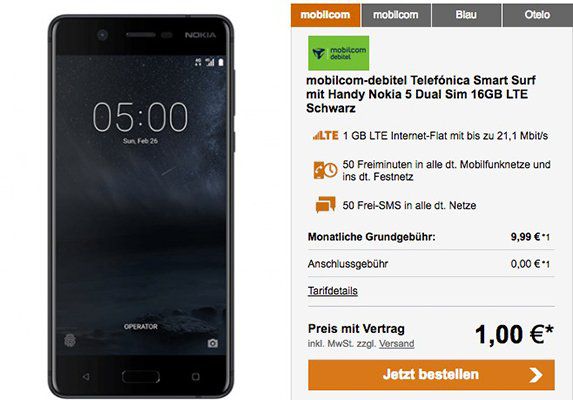 Nokia 5 DualSIM Smartphone + o2 Smart Surf mit 1GB LTE für 9,99€ mtl.