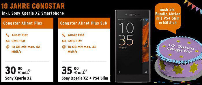 Sony Xperia XZ + PS4 slim 1TB für 79€ + Congstar Allnet Flat mit 10GB für 38,71€ mtl.