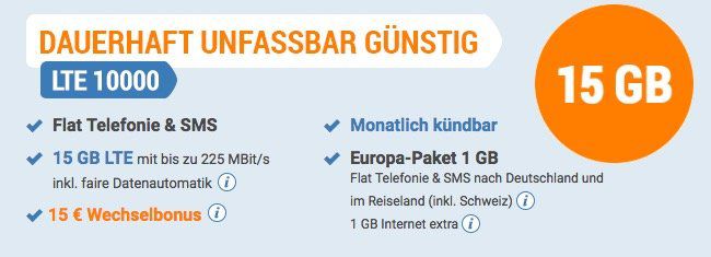 o2 Flat mit 15GB LTE für nur 24,99€ mtl. + 1GB EU Volumen   nur 1 Monat Laufzeit!