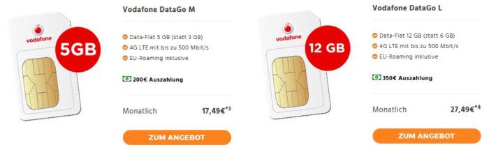 Vodafone: 5GB LTE Daten (bis 500 Mbit/s) für 10,99€ mt.   12GB für 14,99€ oder Telekom 4GB (150 Mbit/s) für 9,99€   10 GB für 13,99€