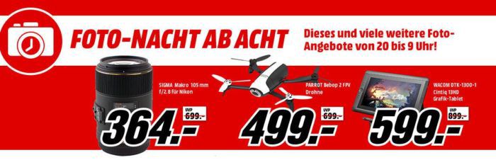 Media Markt Foto Late Night: Objektiv und Drohnen Sale   z.B. PARROT Bebop 2 FPV Drohne für 499€