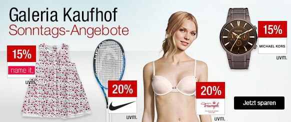 Galeria Kaufhof Sonntagsangebote   z.B. 15% Rabatt auf Kaffeemaschinen von Nespresso, 20% Rabatt auf Grillweine, ausgewählte Golf  und Racketsportartikel und mehr