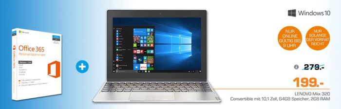 Lenovo Miix 320   10 Zoll Convertible mit 64 GB + Office statt 315€ für 199€