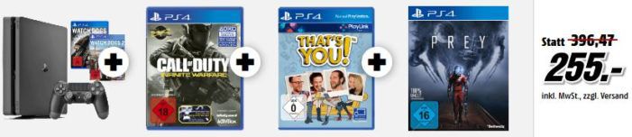 PS4 Slim 1TB mit Gratis: Call of Duty + Thats You! + Prey + Watch Dogs 1 + 2 statt 339€ für 255€ uam. im Media Markt Dienstag Sale