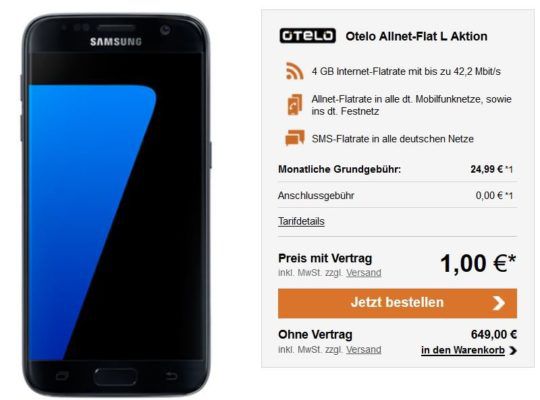 Galaxy S7 oder iPhone 7 (32 GB) + otelo Allnet Flat XL mit 2 oder 8GB ab 24,99€ mtl.