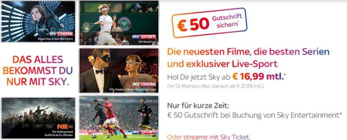 Sky Pakete in HD (Cinema, Sport, Bundesliga, Entertainment) ab 16,99€ mtl. + 50€ Gutschrift für Entertainment