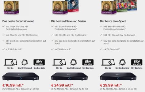 Sky Pakete in HD (Cinema, Sport, Bundesliga, Entertainment) ab 16,99€ mtl. + 50€ Gutschrift für Entertainment