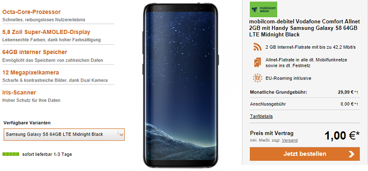 Vodafone Comfort Allnet Flat mit 2GB für 29,99€ mtl. + Galaxy S8 für 1€