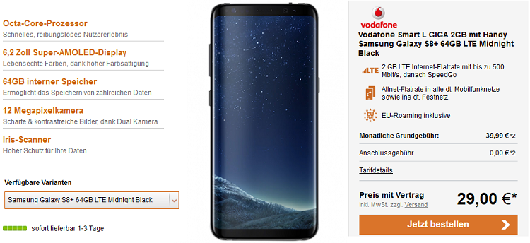 Vodafone Smart L GIGA mit 2GB für 39,99€ mtl. + Galaxy S8+ für 29€