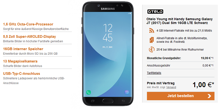 Samsung Galaxy J7 (2017) für 1€ + Otelo Allnet Flat M mit 2 GB oder Young mit 4 GB für 19,99€ mtl.