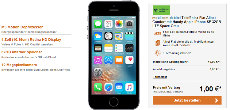 mobilcom debitel Telefónica Comfort Allnet Flat mit 1 GB LTE für 19,99€ mtl. + Apple iPhone SE 32 GB für 1€