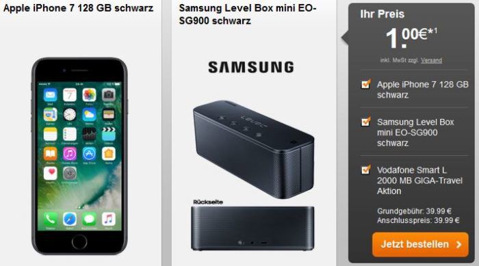 iPhone 7 Plus + Samsung Level Box + Vodafone AllNet und SMS Flat + 2GB LTE bis 500 Mbit/s  für nur 39,99€ mtl.
