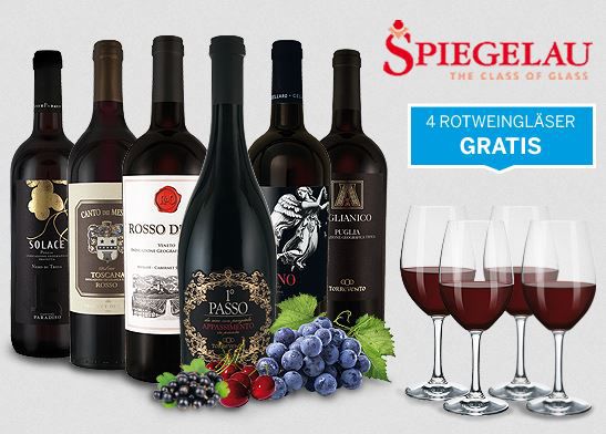 Ebrosia: Italien Genusspaket mit 6 Flaschen Rotwein + 4  Spiegelau Rotwein Gläser für 44,94€