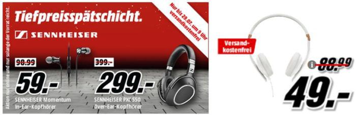 Media Markt Sennheiser Tiefpreisspätschicht   z. B. Sennheiser CX 5.00 G Kopfhörer statt 65€ für 49€