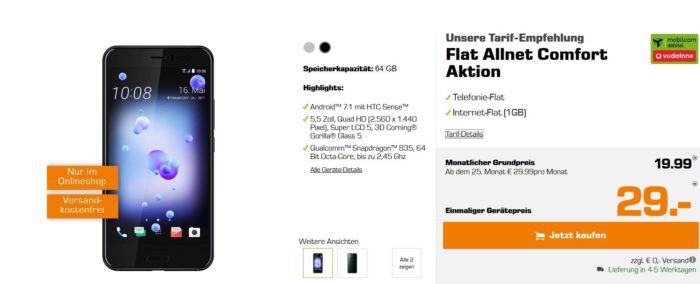 TOP! HTC U11 + Vodafone AllnetFlat mit 1GB für 19,99€ mtl.
