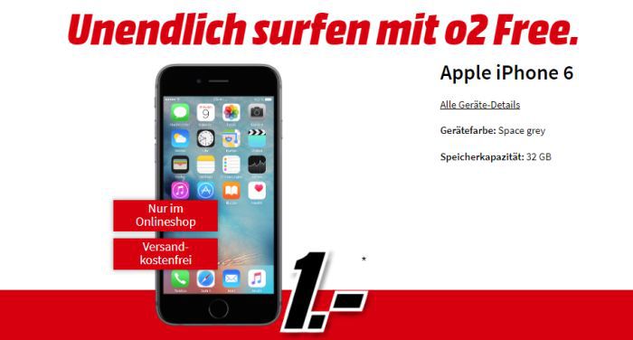 Apple iPhone 6 (32GB) inkl. 15GB o2 Free LTE Allnet für nur 31,28€/Monat