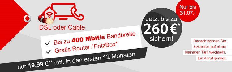 Vodafone DSL 16 bis 100 Mbit/s + Festnetzflate + Fritz! Wlan Router ab 14,57€ mtl.   dank Cashback