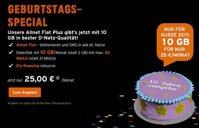 Congstar Allnet Flat im Telekom Netz mit 10GB Volumen für 25€ mtl.