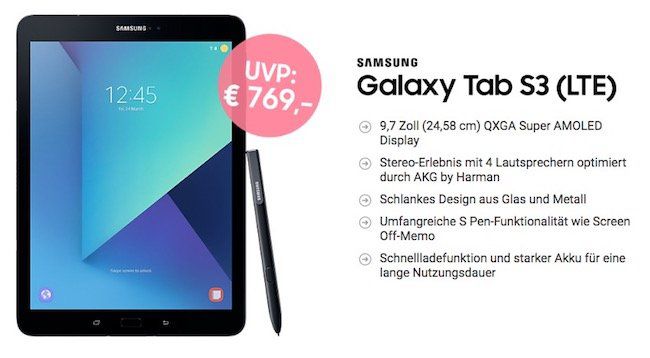 Knaller! Galaxy Tab S3 LTE Tablet für 1€ (statt 659€) + o2 15GB LTE für 34,99€ mtl. + 120€ Cashback + 6 Monate Sky Ticket gratis