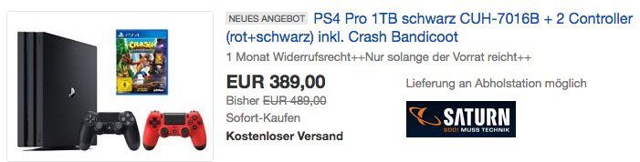 Playstation 4 Pro mit 1TB + 2. Controller + Crash Bandicoot für 389€ (statt 454€)