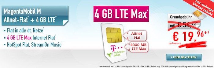 TOP! Telekom Magenta Mobil M mit 4GB LTE (oder 6GB für junge Leute) für effektiv 19,96€ mtl. + StreamOn!