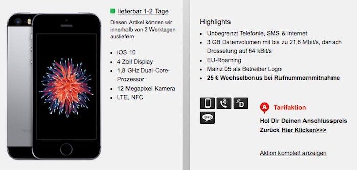 iPhone SE nur 1€ (statt 283€) + otelo Flat mit 3GB für 19,05€ mtl.