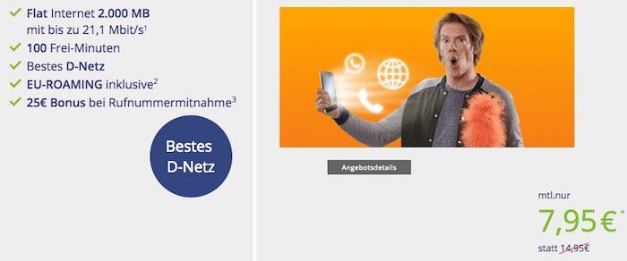 Top! Telekom Netz mit 100 Minuten in alle Netze + 2GB für nur 7,95€ mtl.