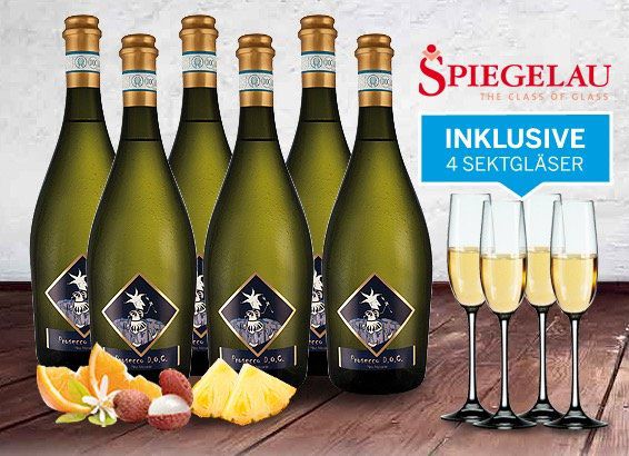 6 Flaschen Prosecco Frizzante Selezione del Re inkl. 4 Sektgläser für 44,94€