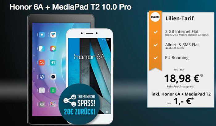 Honor 6A Smartphone + MediaPad T2 10 Pro für 1€ + otelo Flat mit 3GB für 18,98€ mtl. + 20€ Cashback