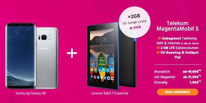 Samsung Galaxy S8 + Lenovo Tab 3 A7 für 1€ + Telekom MagentaMobil S mit 2GB LTE für 43,45€ mtl.