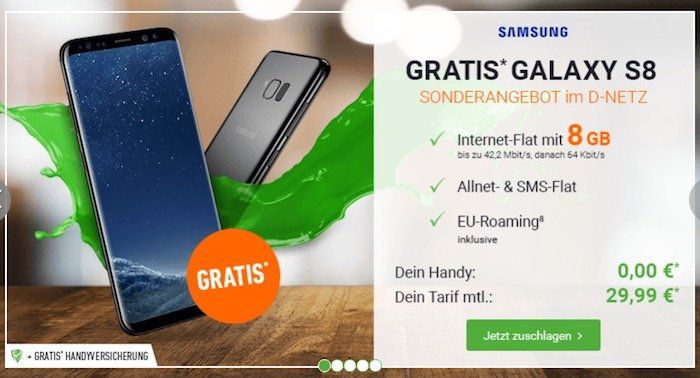 Samsung Galaxy S8 gratis + otelo Allnet Flat XL mit 8GB für 29,99€ mtl. + bis zu 350€ Altgerät Prämie