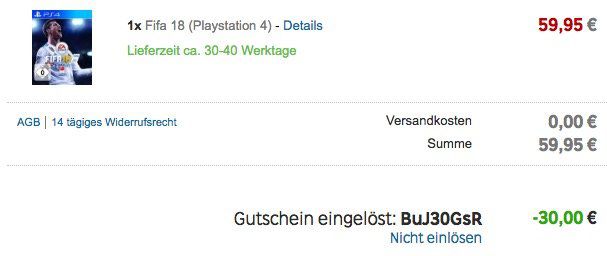 Abgelaufen! 30€ Rakuten Gutschein mit nur 50€ MBW   z.B. Fifa 18 nur 29,95€ (statt 60€)