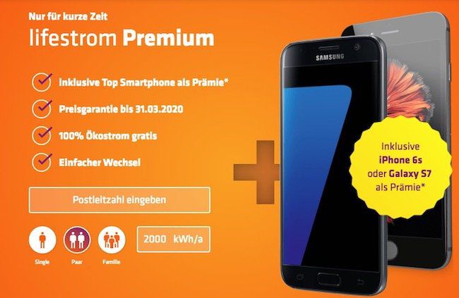 lifestrom Premium Stromtarif abschließen und iPhone 6s oder Samsung Galaxy S7 als Prämie erhalten (Wert: 400€)