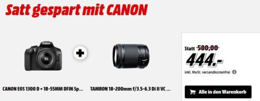 Canon EOS 1300D Spiegelreflex + 18 55mm DFIN Objektiv + TAMRON 18 200mm Di II VC Telezoom statt 527€ für eff. 419€