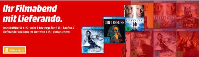 Media Markt: 3 DVDs  für 15€ oder 3 Blu rays für 18€ + 15€ Lieferando Coupon