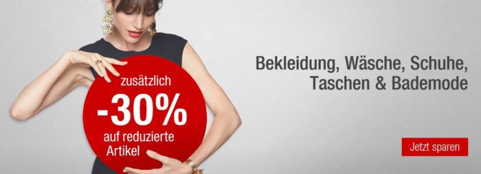 Galeria Kaufhof: 30% Rabatt auf reduzierte Bekleidung, Taschen u. Bademoden + 15% Rabatt auf viele Uhren u. Schmuck bis Mitternacht