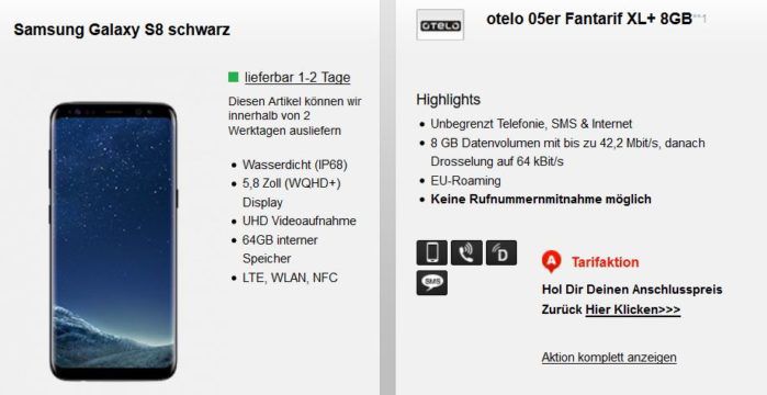 Samsung S8 mit Vodafone Otelo AllNet + SMS Flat + 8 GB Daten für 29,05€ mtl.