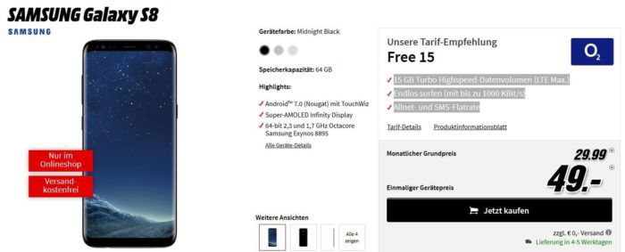 Samsung Galaxy S8 + o2 AllNet + SMS Flat mit 15GB LTE für 33,28€ mtl.   TOP