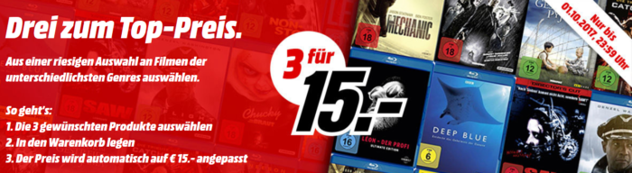 Media Markt: 3 Blu rays o. DVDs zum Preis von nur 15€