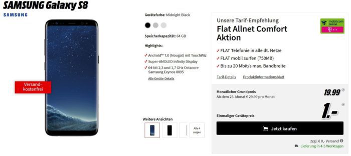 Samsung Galaxy S8 + Telekom Allnet Flat + 750MB für 19,99€   eff. mit Gewinn! Hot!