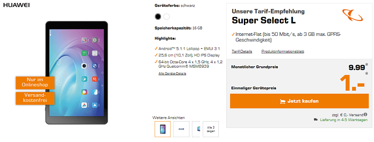 Huawei Mediapad T2 10.0 Pro LTE für 1€ + 3GB o2 LTE Flat für 9,99€ mtl.