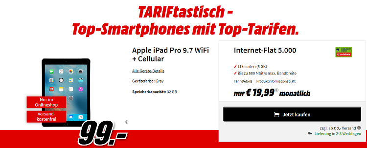 Vodafone 5GB LTE Tarif für 19,99€ mtl. + iPad Pro 9,7 Zoll mit 32GB + 4G für 108,95€ (statt 520€)