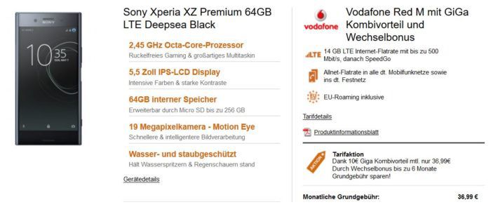 Sony Xperia XZ Premium o. Samsung S8 + Vodafone AllNet + SMS Flat + 14 GB LTE für eff 29,87€ mtl.    nur für Vodafone Kunden