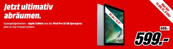 Media Markt Apple iPad Pro Sale   z.B. APPLE iPad Pro WiFi 32GB 9.7 Zoll statt 548€ für 499€