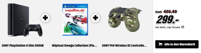 PlayStaion 4 Slim 500GB + WipEout Omega + wireless Combat Controller statt 364€ für 299€ uam. im Media Markt Dienstag Sale
